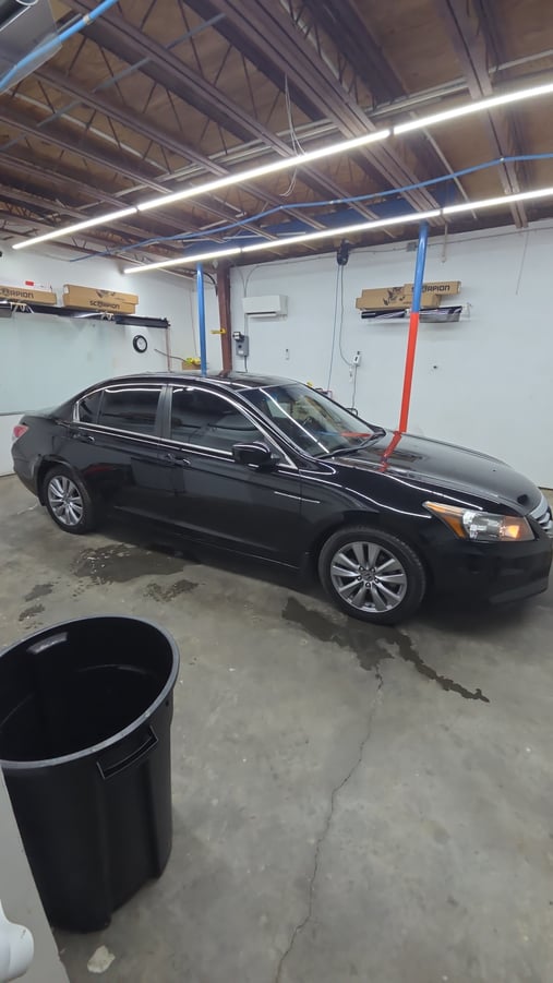 A black Honda Accord sedan sits in the T's Window Tinting bay with freshly tinted windows and a clean, glossy finish